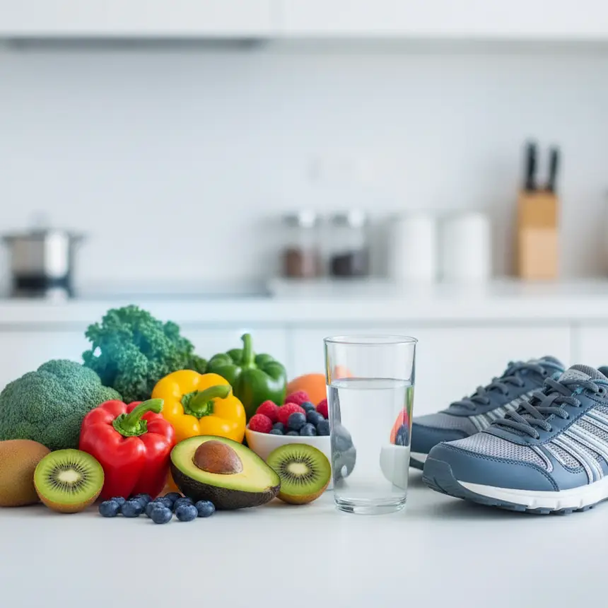 Healthy diet, hydration, regular exercise