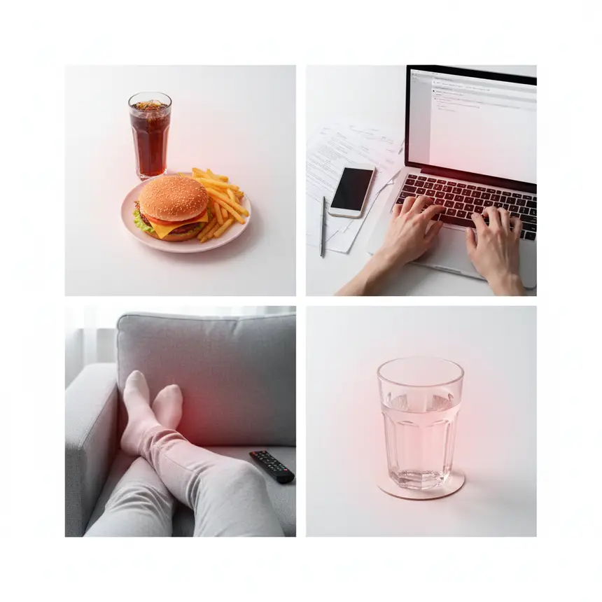 Fast food, stress, inactivity, dehydration.