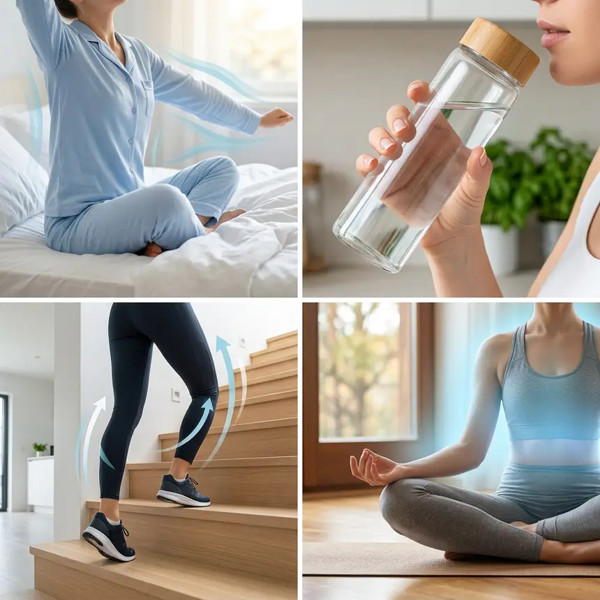 Morning stretch, water intake, taking stairs, meditating.