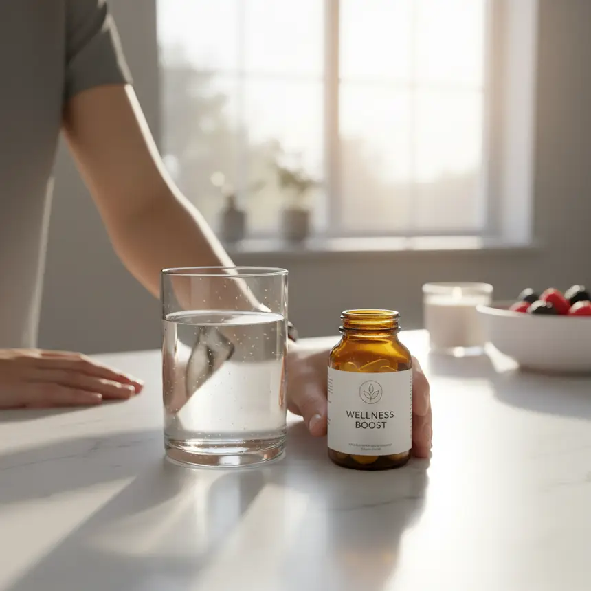Morning probiotic routine, water and supplement
