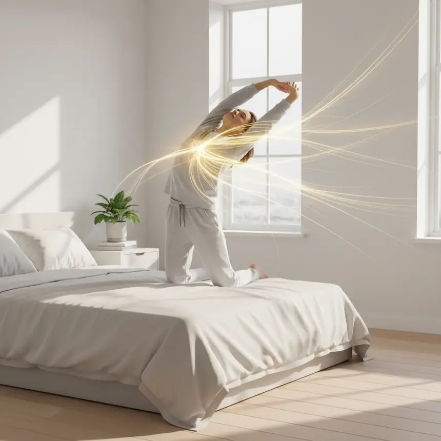 Person refreshed stretching morning